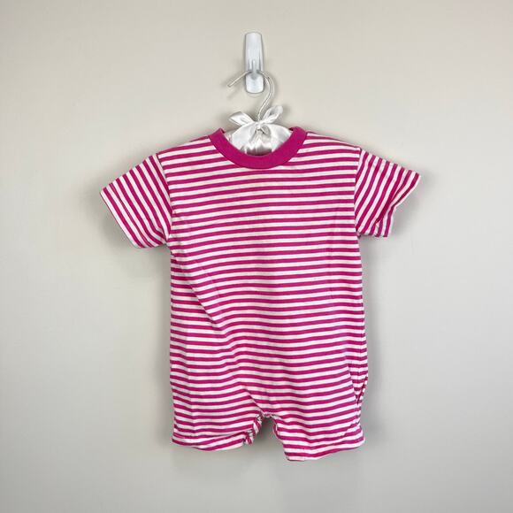 Vintage Tucker's Toes Pink Striped T-Shirt Romper 6-9 Months USA - Picture 1 of 6